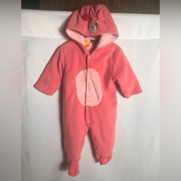 Pumpkin Patch Baby Girl Pink Bear Hooded Fleece 6-12M Footed Bodysuit - Picture 1 of 7